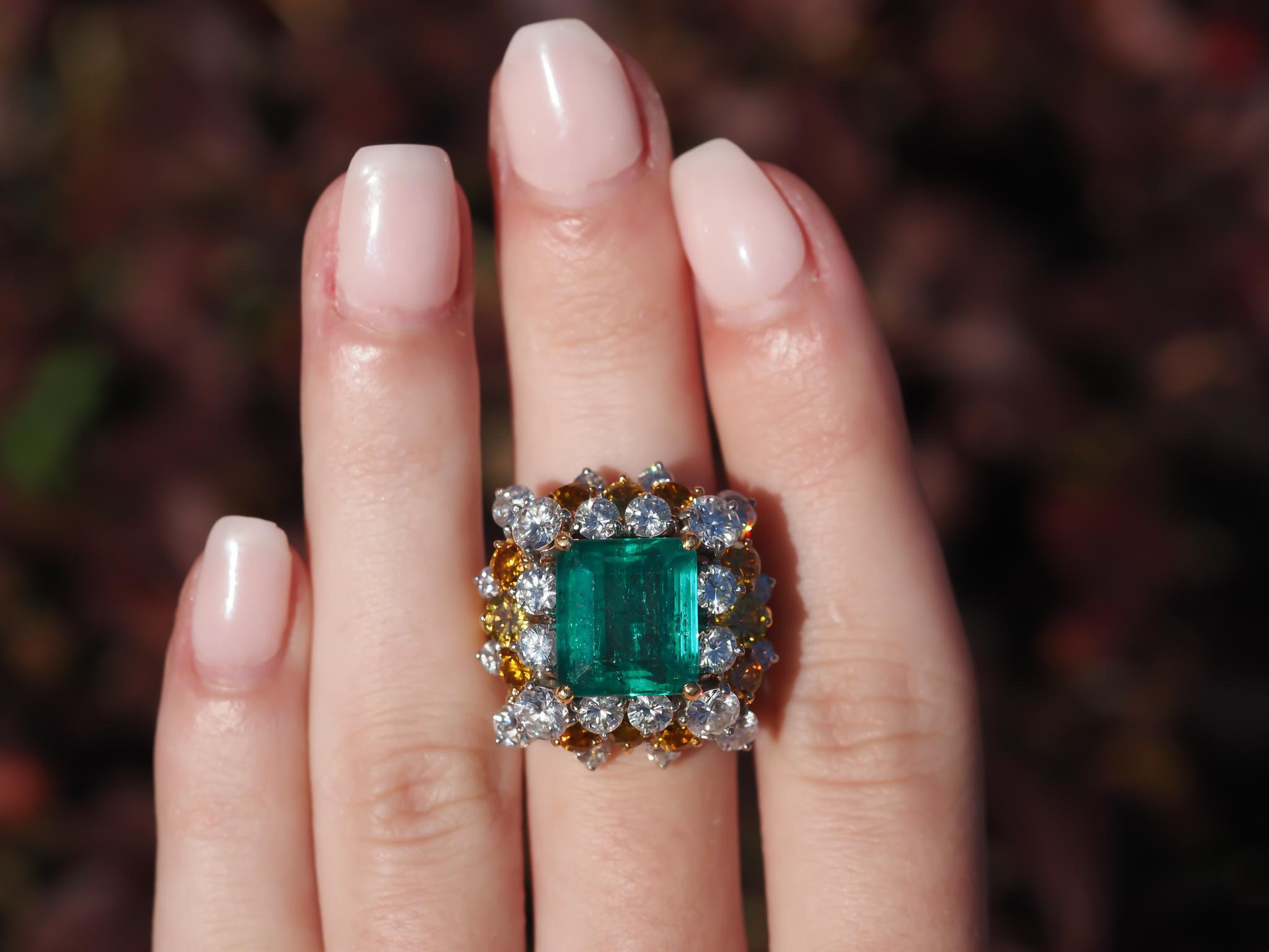 Année : 1967 (indiquée sur les papiers d'Oscar Heyman)
Détails de l'article :
Taille de la bague : (assez grande)
Type de métal : Or jaune 18K [poinçonné et testé].
Poids : grammes
Détails du diamant :
12 diamants de couleur fantaisie pesant
