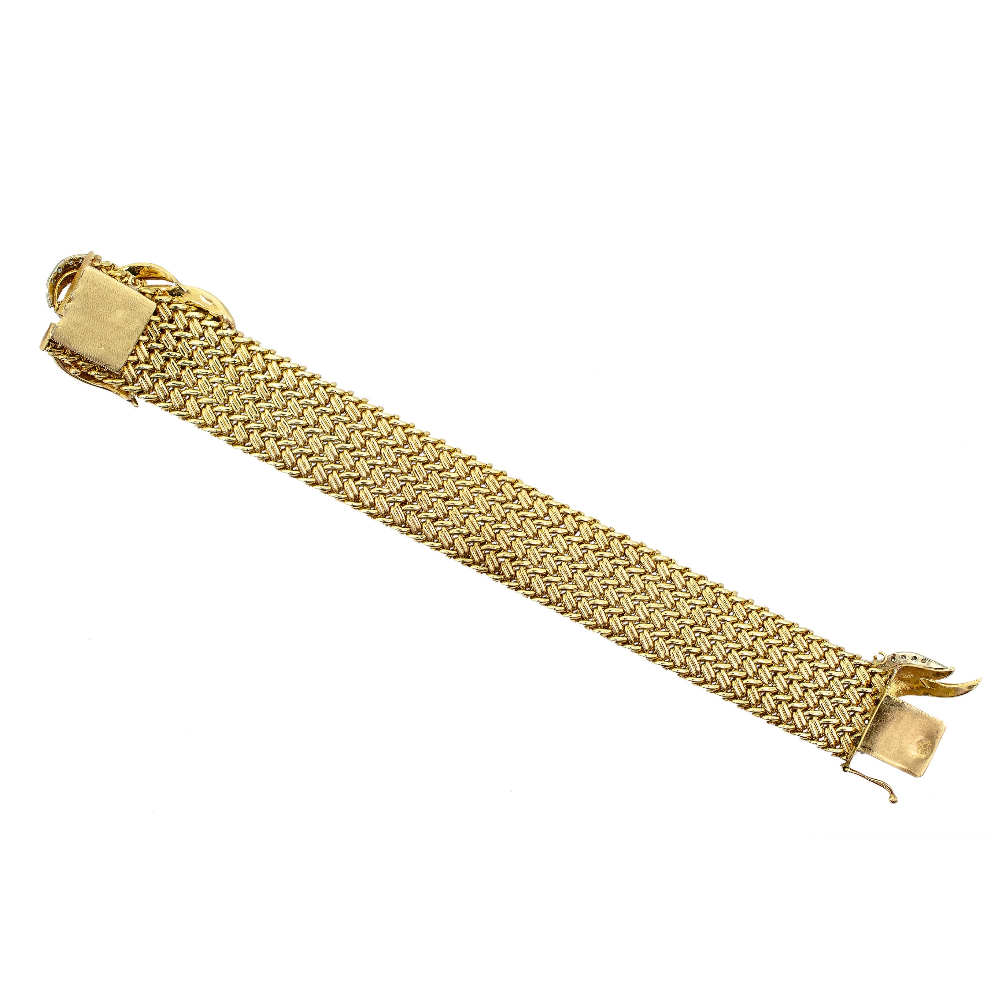 Women's Circa 1970 14 Karat Yellow Gold and Diamond Spray Wide Flexible Bracelet For Sale