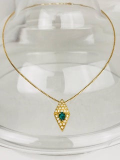 Art Deco Style Yellow Gold Pendant, Chatham Emerald, CZ's and Chain, circa 1970