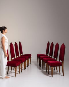 Circa 1970 Baroque Revival Burgundy Velvet Upholstered Set of 8 Dining Chairs