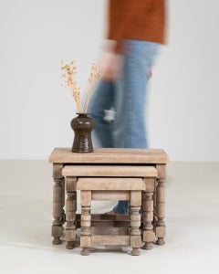 Circa 1970 Bleached Wood Set Of Three Oak Nesting Tables