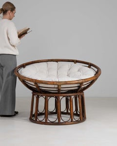 Papasan-Sessel aus Bambus in Cremefarbe, um 1970, mit Bouclé-Kissen