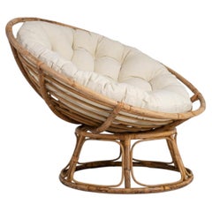 Papasan-Sessel aus Bambus in Cremefarbe, um 1970, mit Bouclé-Kissen