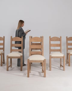 Circa 1970 Cream Set Of Six Oak Dining Chairs With Upholstered Seats