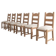 Circa 1970 Cream Set Of Six Oak Dining Chairs With Upholstered Seats