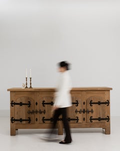 Circa 1970 French Brutalist Oak Buffet with Iron Hardware