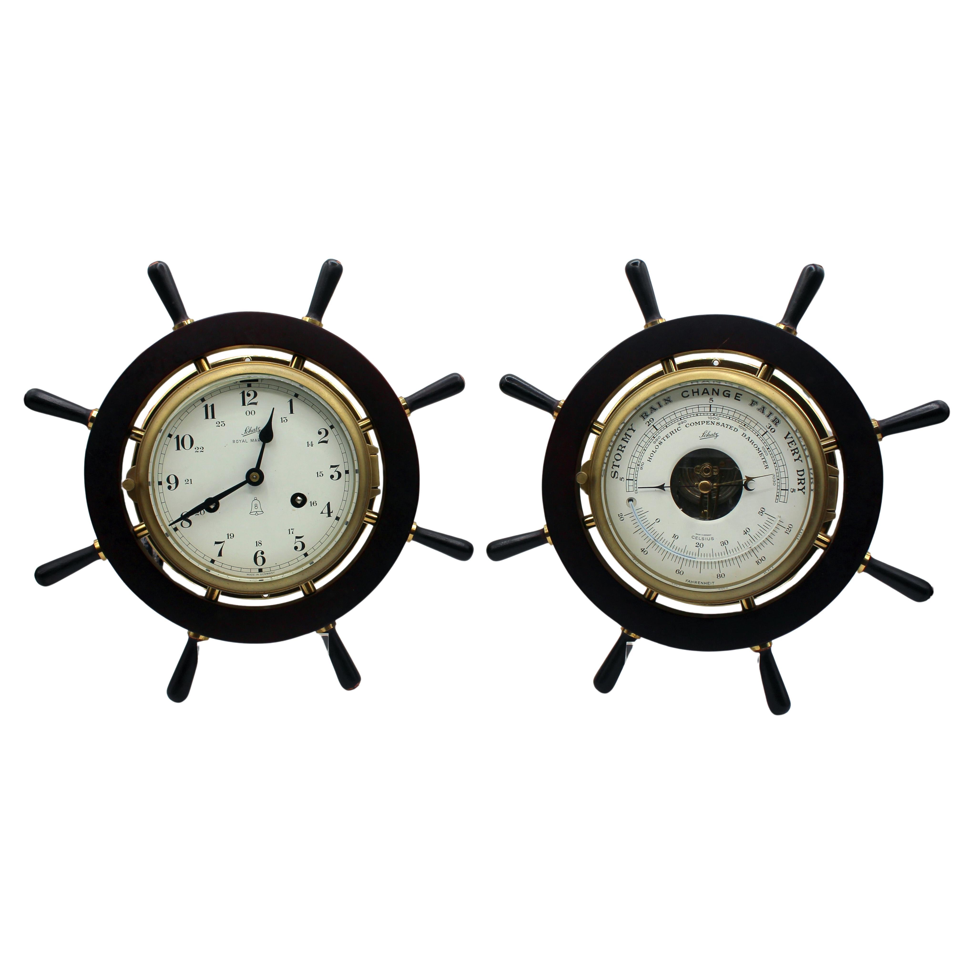 Circa 1970 German Ship's Wheel Clock & Barometer Set by A. Schatz & Sohne