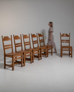 Circa 1970 Honey Wood Set of Six Oak Dining Chairs with Cane Seats