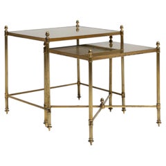 Circa 1970 Metal Set Of Two Brass Nesting Tables With Glass Top