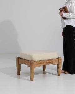 Circa 1970 Oatmeal Wood Oak Stool With Upholstered Seat