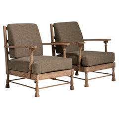 Coppia di poltrone imbottite in rovere in stile Mid-Century Modern, color oliva, risalenti al 1970 circa