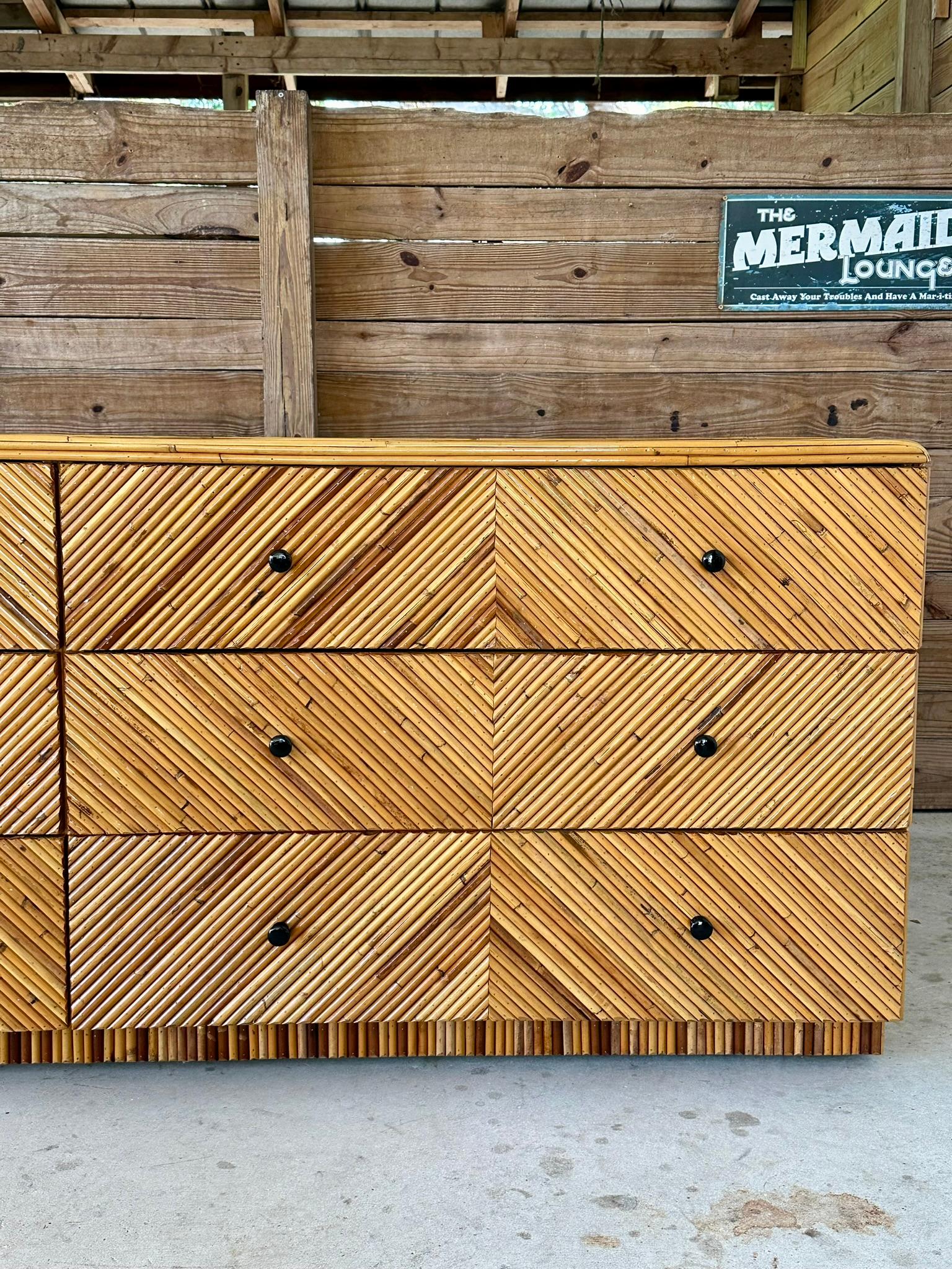 Circa 1970 Organic Modern Restored Pencil Reed Rattan Marquetry Waterfall Edge S 3