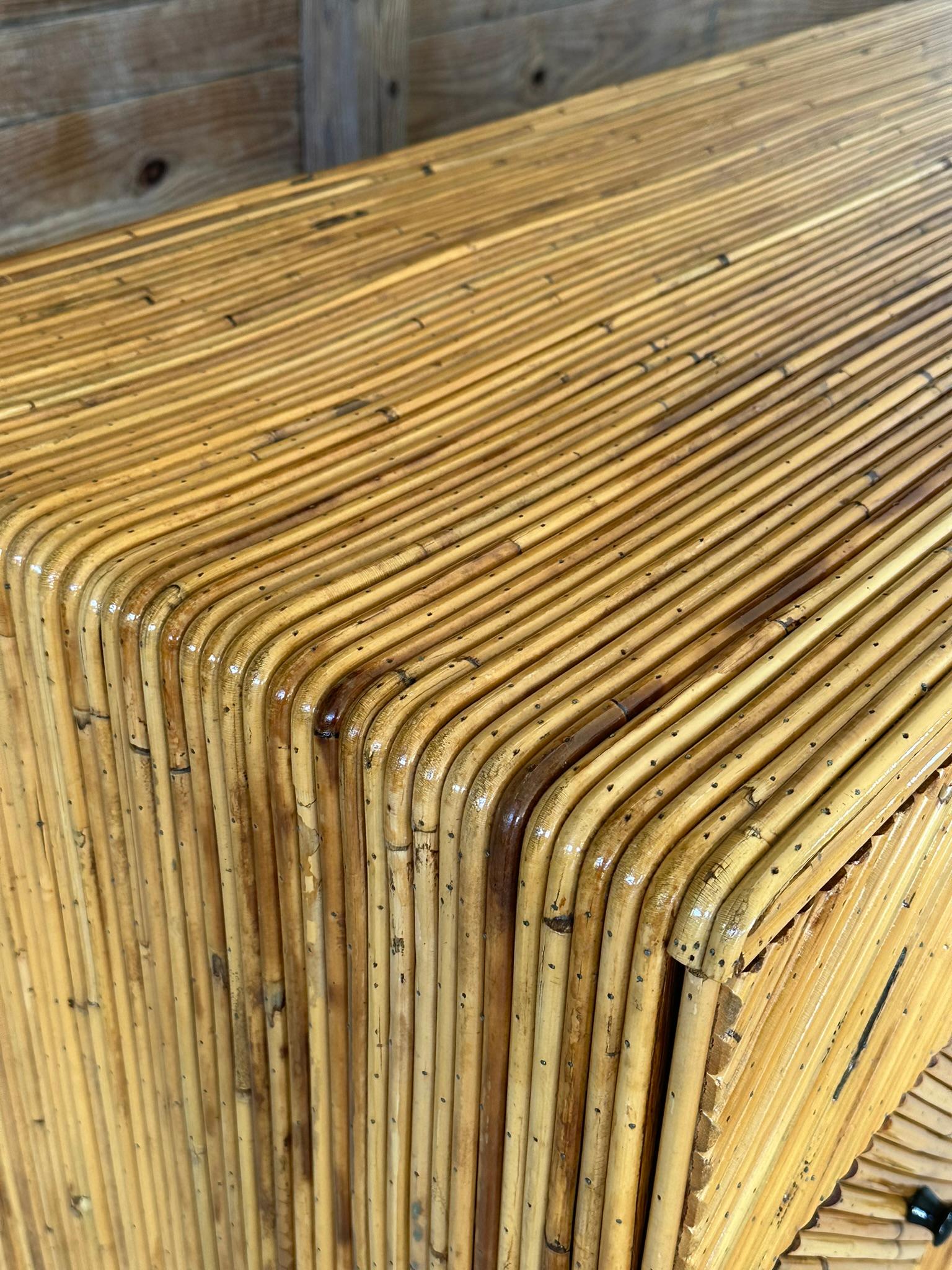 Hand-Crafted Circa 1970 Organic Modern Restored Pencil Reed Rattan Marquetry Waterfall Edge S