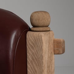 Circa 1970 Red Pair of Brutalist Dutch Oak Armchairs with Burgundy