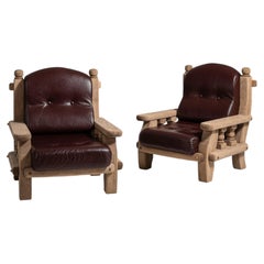 Circa 1970 Red Pair of Brutalist Dutch Oak Armchairs with Burgundy