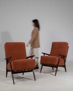Circa 1970 Rust Wood Pair Of MCM Upholstered Armchairs
