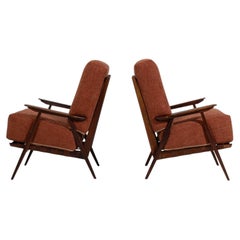 Circa 1970 Rust Wood Pair Of MCM Upholstered Armchairs