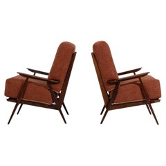 Circa 1970 Rust Wood Pair Of MCM Upholstered Armchairs