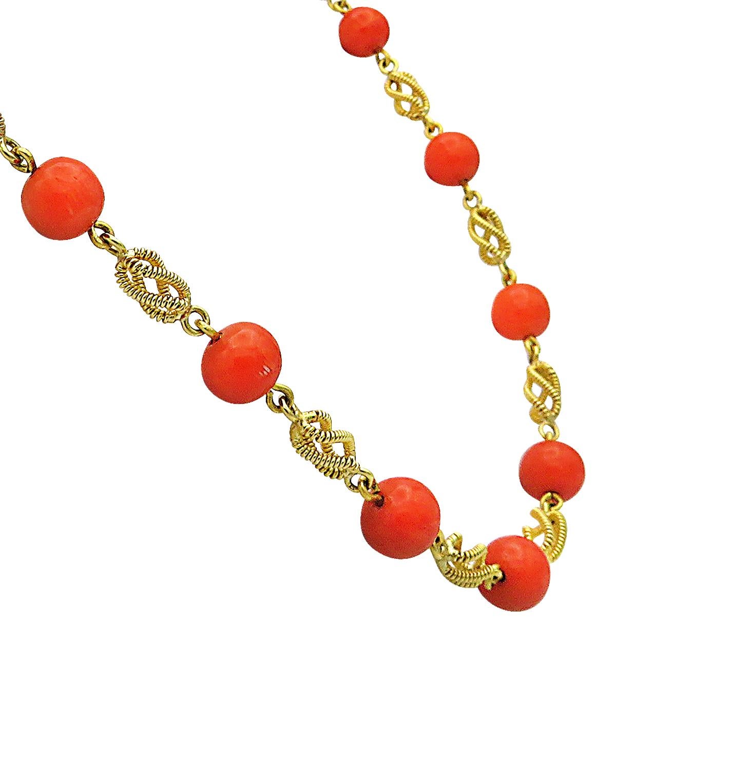 One of a kind Italian Coral necklace and Lapis Lazuli necklace featuring 18k gold swirls connecting 7.8 mm to 8.7 mm Italian coral beads and lapis lazuli beads. Total length of the Italian red coral necklace is 30 inches. Total length of the blue