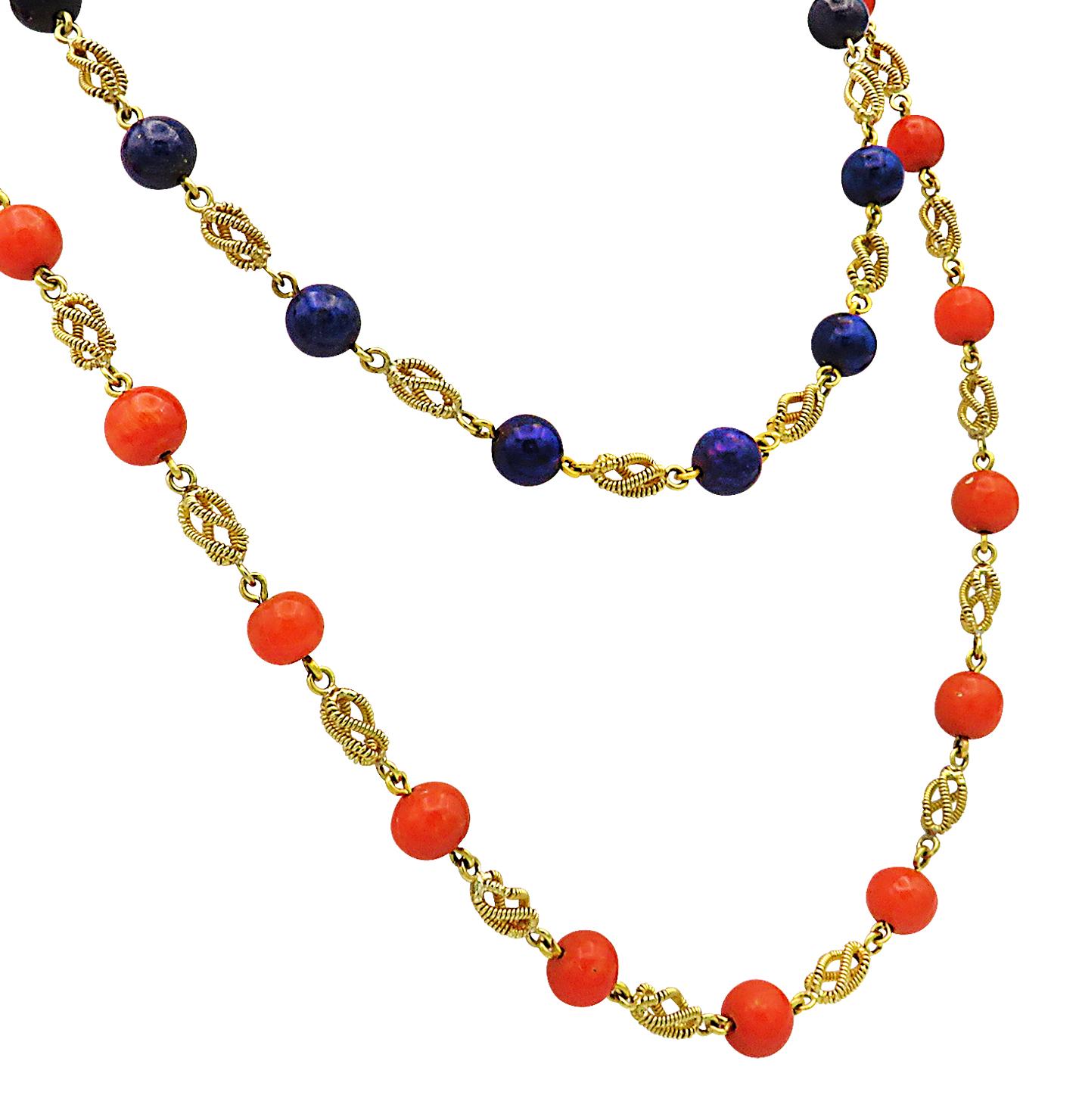 Bead Circa 1970' s 18K Gold Lapis Lazuli and Italian Coral Long Necklaces