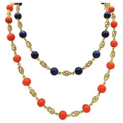 Vintage Circa 1970' s 18K Gold Lapis Lazuli and Italian Coral Long Necklaces