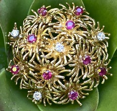 Circa 1970 Tiffany & Co. Diamond & Ruby "Sea Urchin" Brooch in 18K Yellow Gold