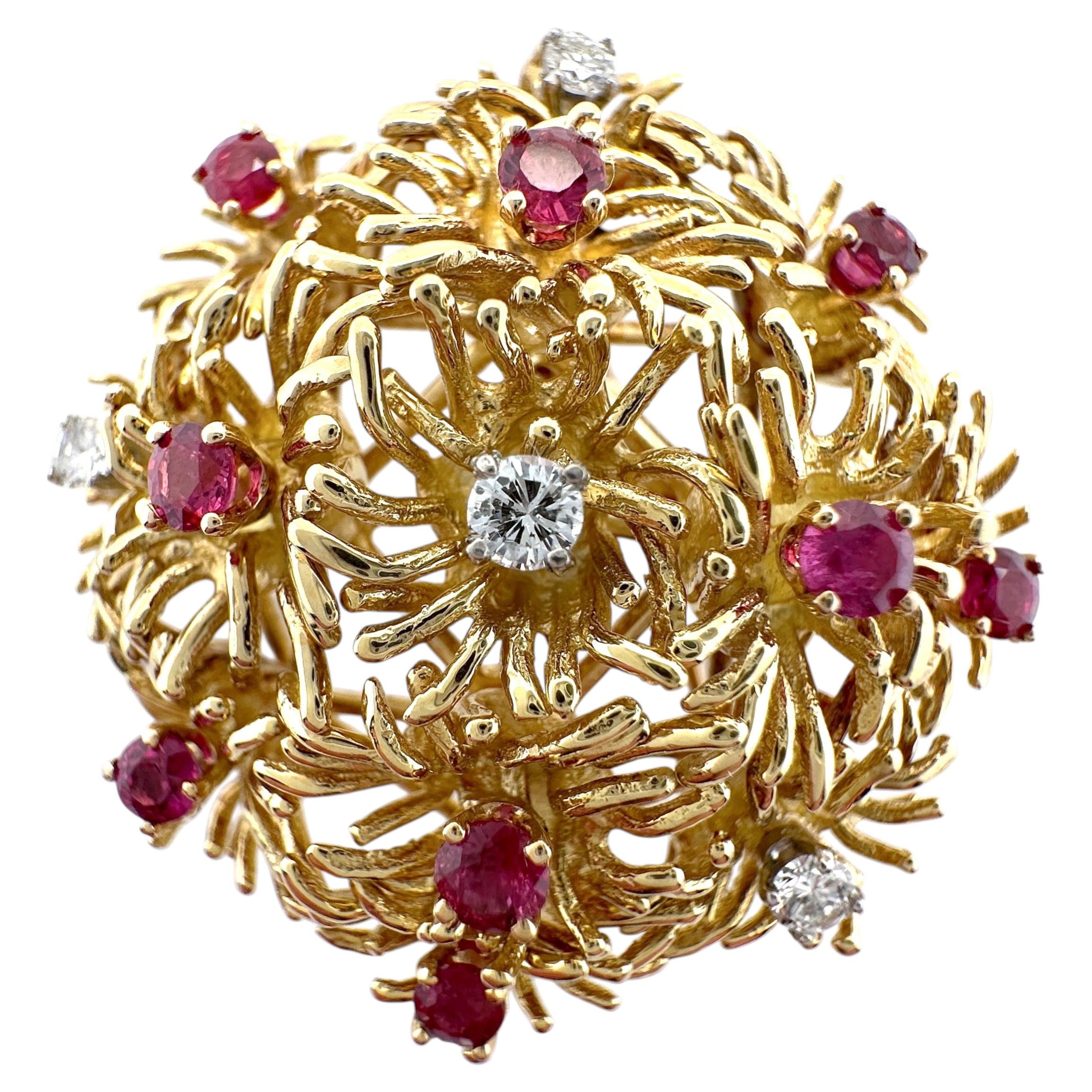 Circa 1970 Tiffany & Co. Diamond & Ruby "Sea Urchin" Brooch in 18K Yellow Gold