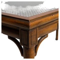 Circa 1970 Walnut Faux Bamboo & Rattan Coffee Table With Glass Top
