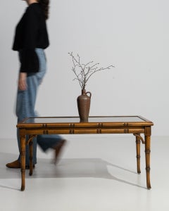 Circa 1970 Walnut Faux Bamboo & Rattan Coffee Table With Glass Top