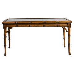 Circa 1970 Walnut Faux Bamboo & Rattan Coffee Table With Glass Top