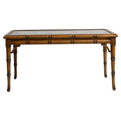 Circa 1970 Walnut Faux Bamboo & Rattan Coffee Table With Glass Top