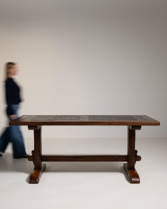 Circa 1970 Walnut Oak Dining Table with Stone Top in Original Patina