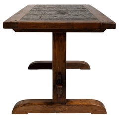 Circa 1970 Walnut Oak Dining Table with Stone Top in Original Patina