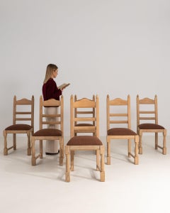 Circa 1970 Wood Set Of Six Oak Dining Chairs With Upholstered Seat