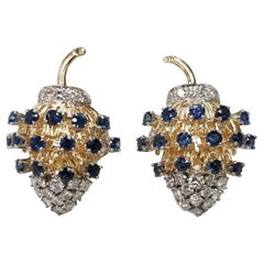 Circa 1970's 14K Yellow and White Gold Sapphire and Diamond "Acorn" Earrings