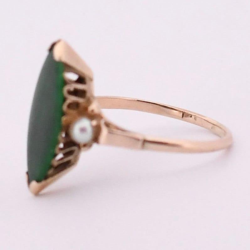 Retro Circa 1970's 14K Yellow Gold Green Jade Navette and Pearl Accent Ring
