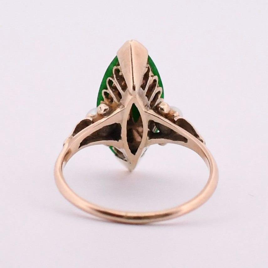 Marquise Cut Circa 1970's 14K Yellow Gold Green Jade Navette and Pearl Accent Ring