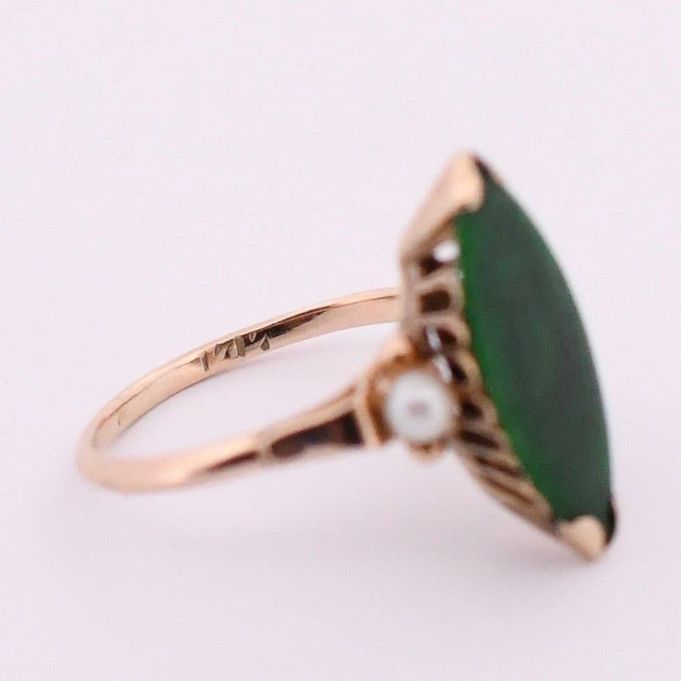 Circa 1970's 14K Yellow Gold Green Jade Navette and Pearl Accent Ring In Good Condition In Addison, TX