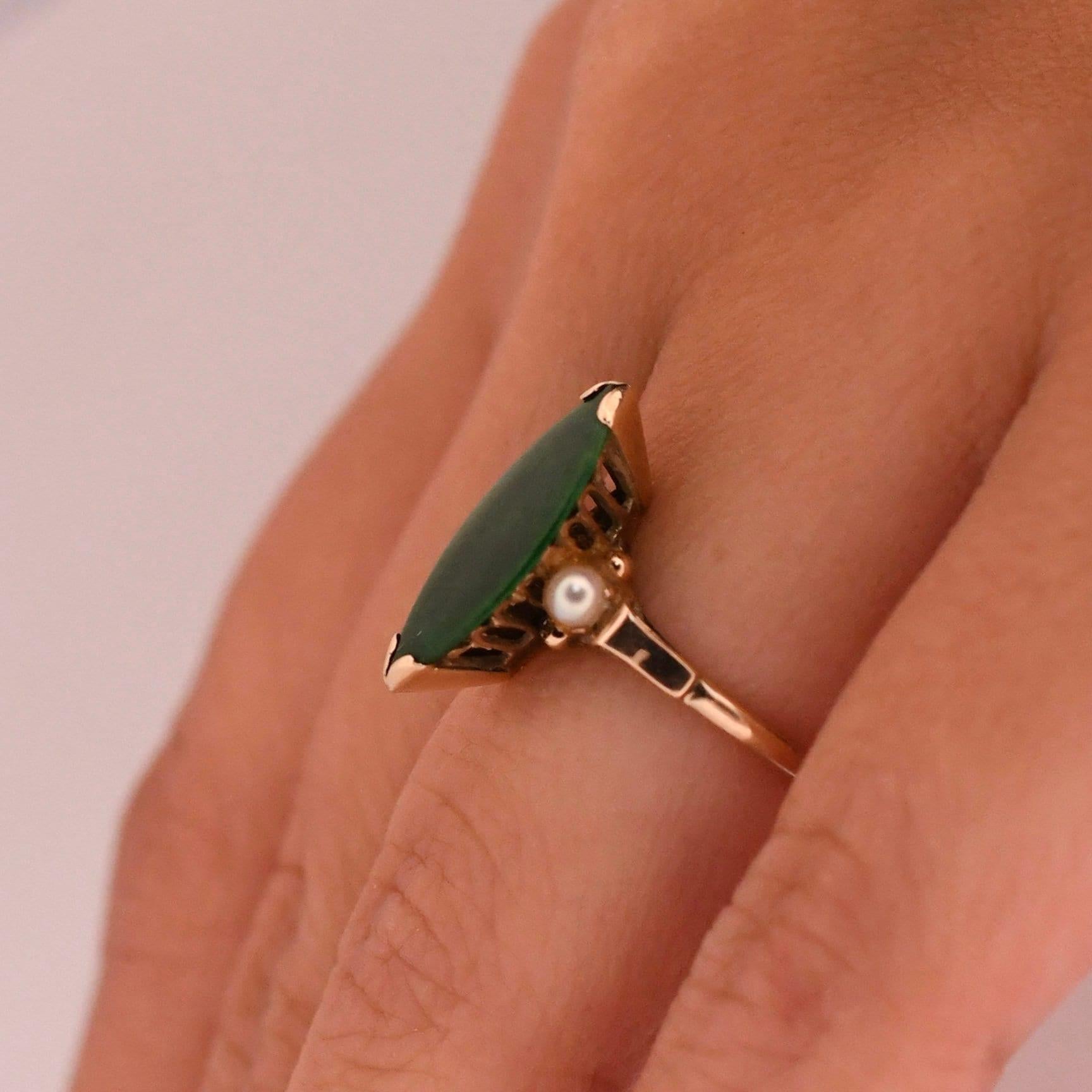 Circa 1970's 14K Yellow Gold Green Jade Navette and Pearl Accent Ring 2