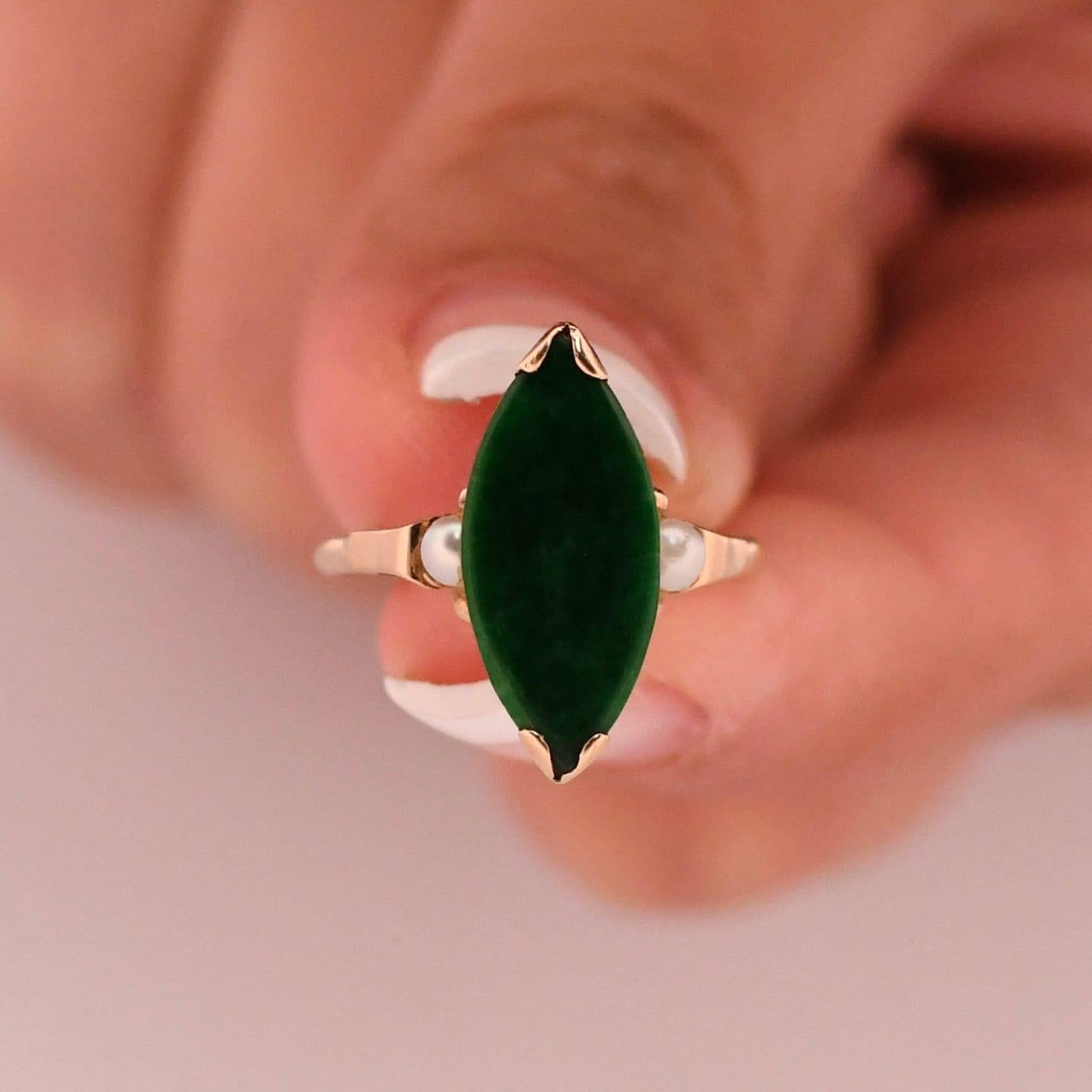 Circa 1970's 14K Yellow Gold Green Jade Navette and Pearl Accent Ring 3