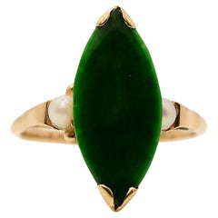 Circa 1970's 14K Yellow Gold Green Jade Navette and Pearl Accent Ring