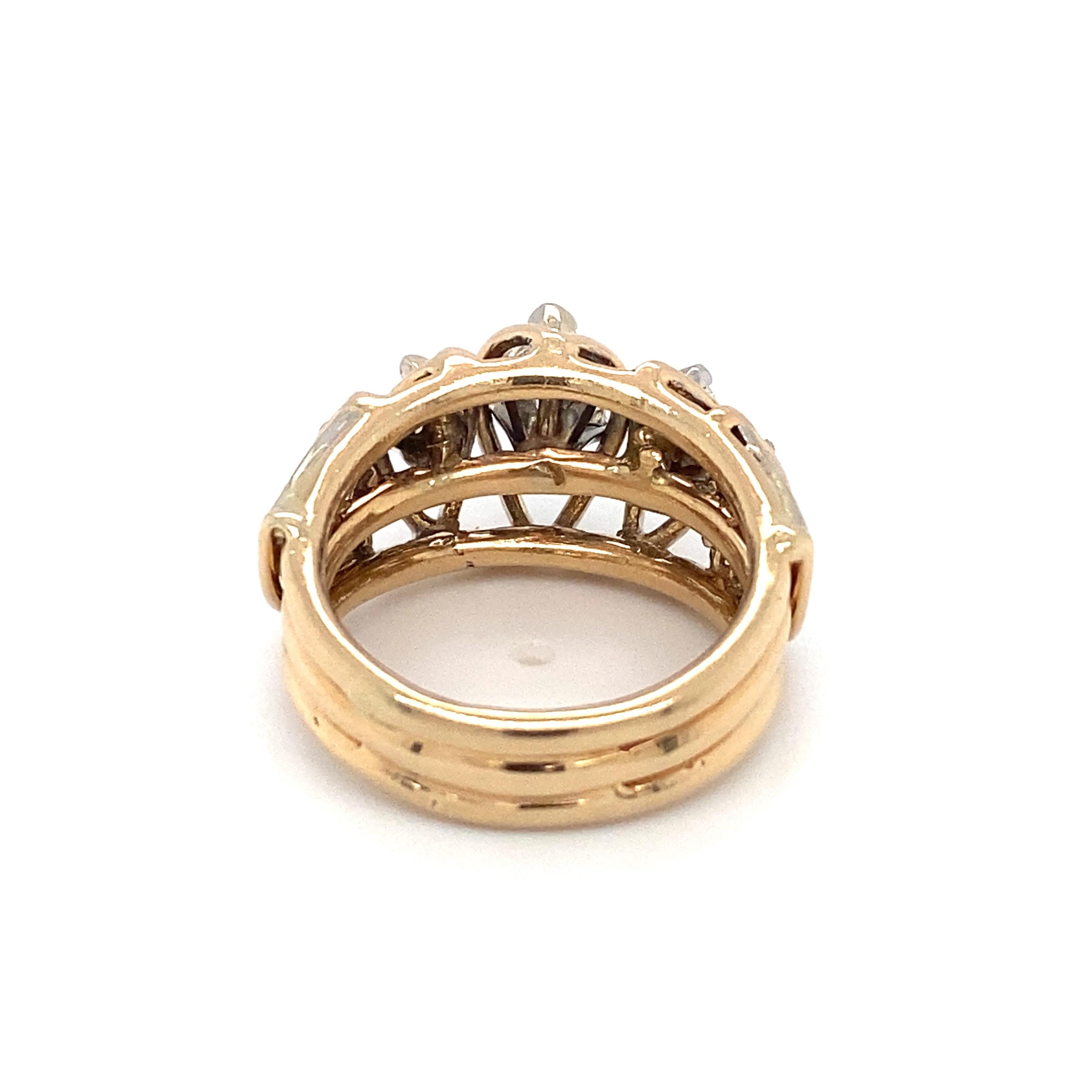 Item Details: This retro style ornate ring from the 1970s features marquise and round diamonds in a crossover design.

Circa: 1970s
Metal Type: 14 Karat Yellow Gold
Weight: 10.9 grams
Size: US 7.25, resizable

Diamond Details:

Carat: 1.60 carat
