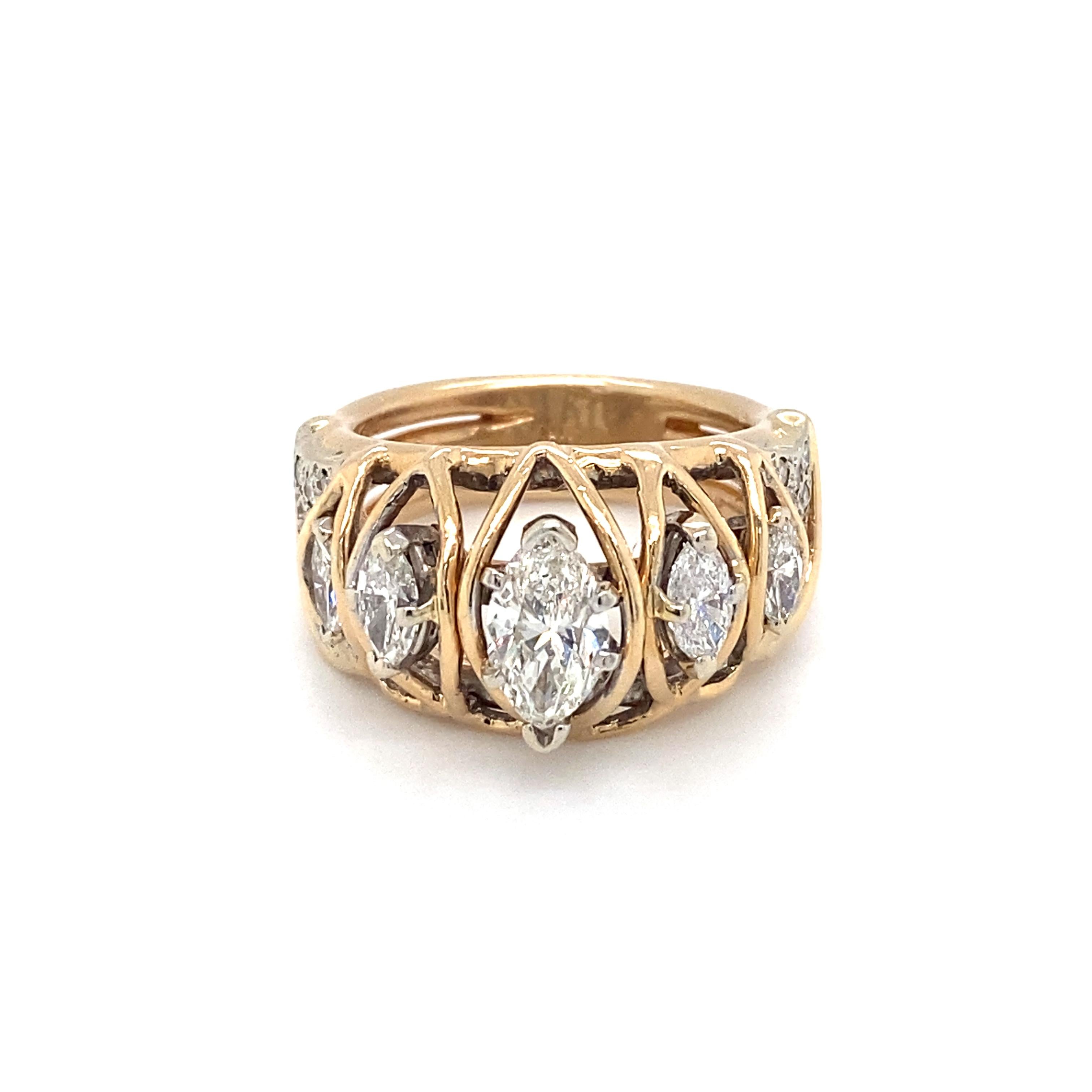 Circa 1970s 1.60 Carat Marquise Diamond Retro Ring in 14 Karat Gold In Excellent Condition For Sale In Atlanta, GA
