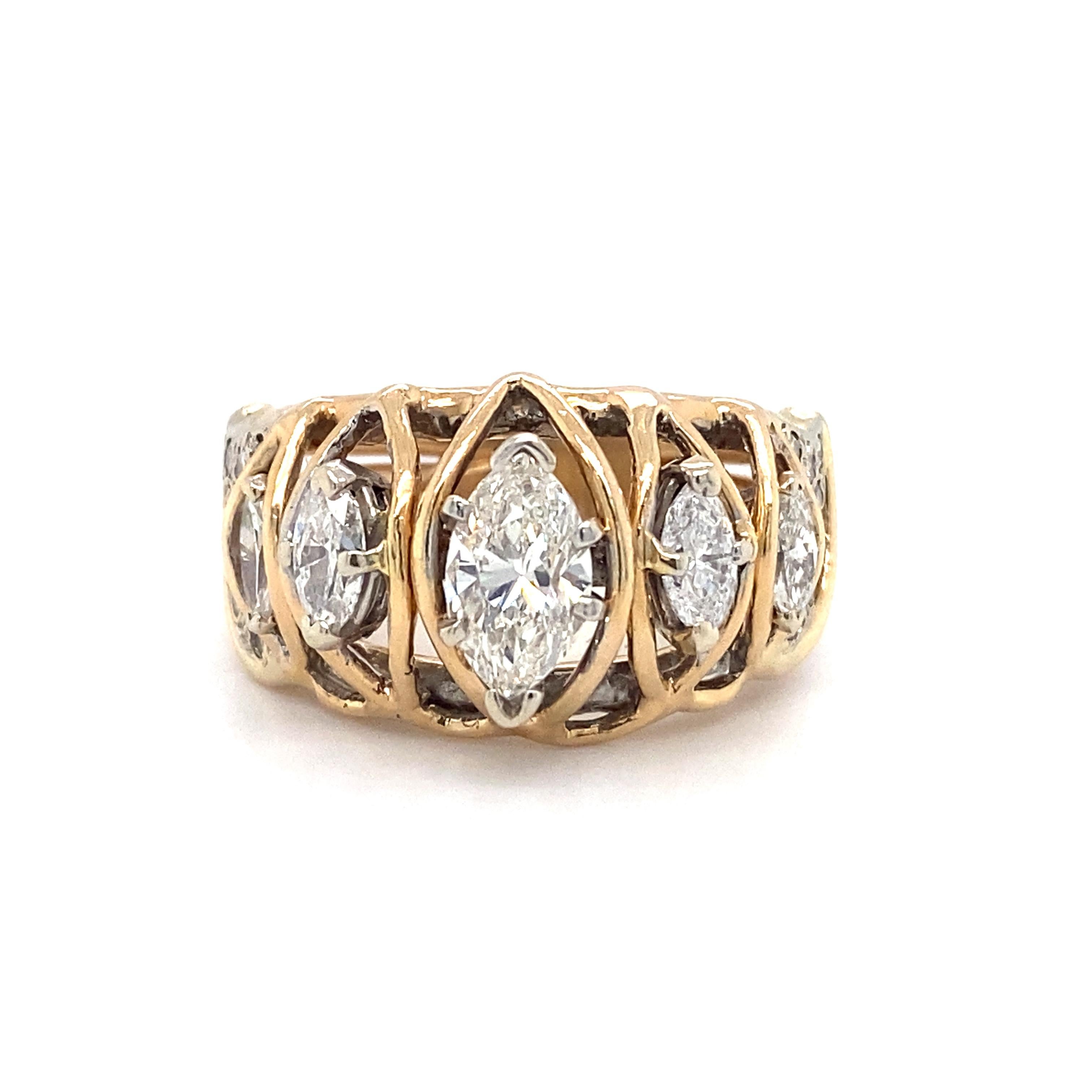 Women's or Men's Circa 1970s 1.60 Carat Marquise Diamond Retro Ring in 14 Karat Gold For Sale