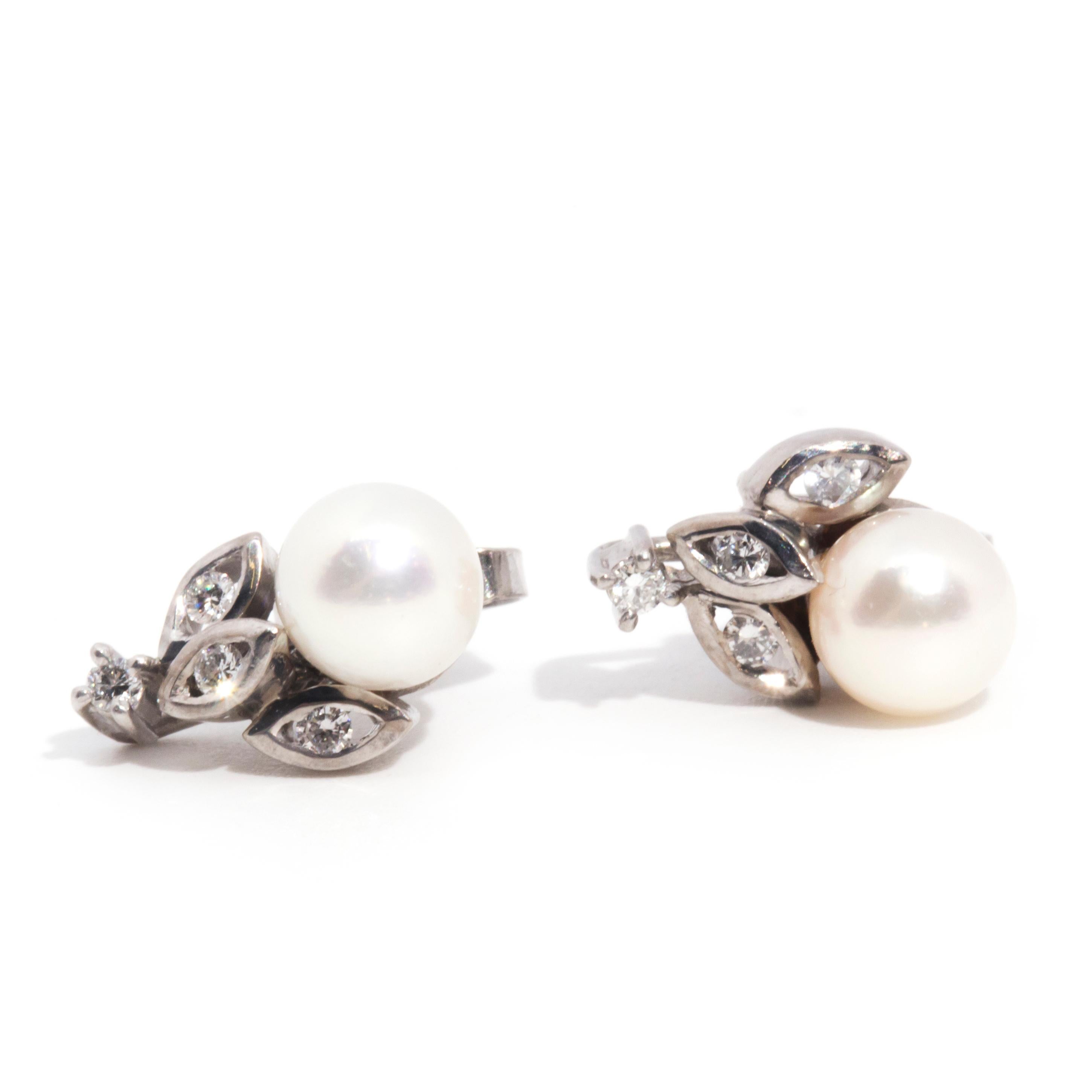 Modern Circa 1970s 18 Carat White Gold Diamond and Akoya Pearl Vintage Cluster Earrings For Sale