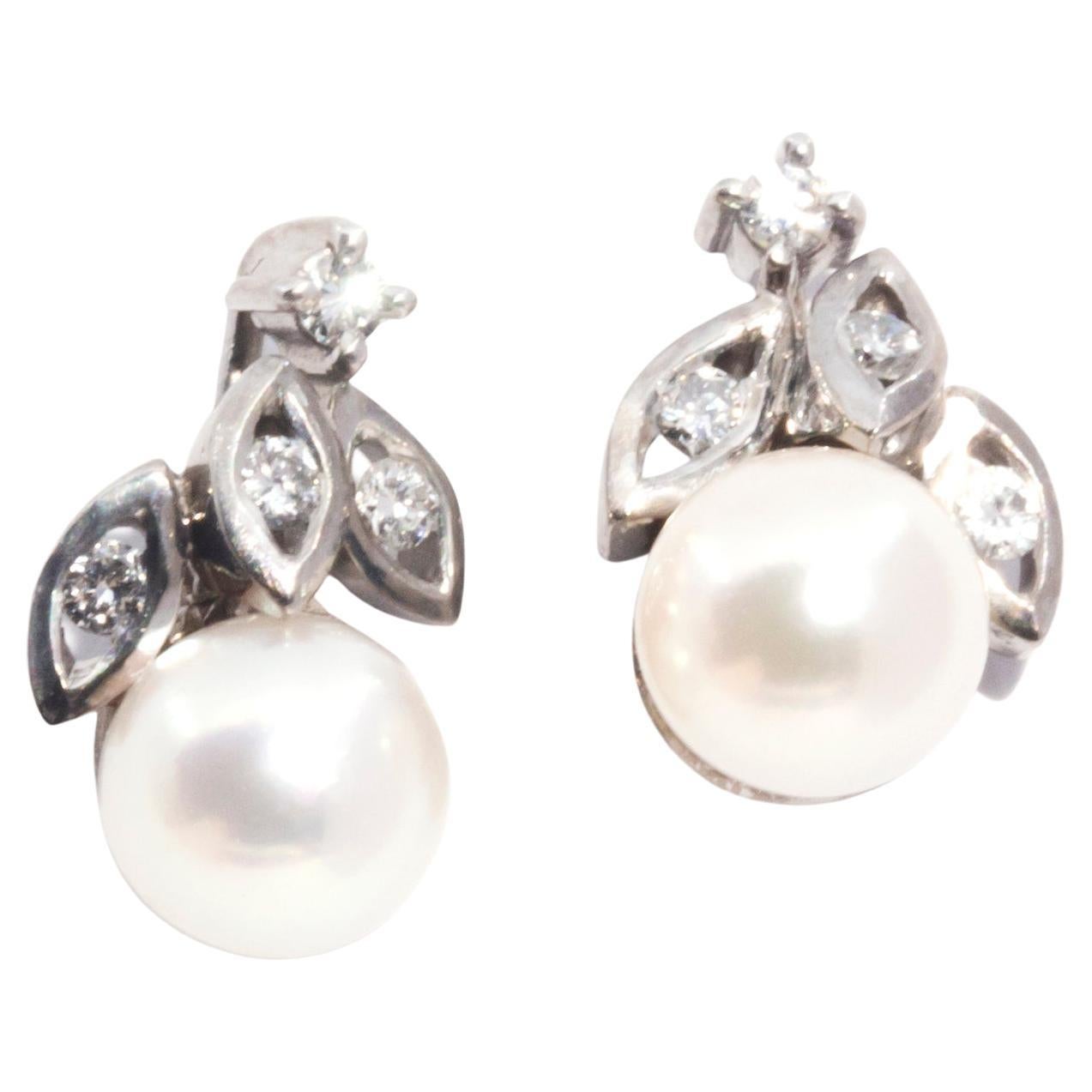 Circa 1970s 18 Carat White Gold Diamond and Akoya Pearl Vintage Cluster Earrings For Sale