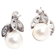 Circa 1970s 18 Carat White Gold Diamond and Akoya Pearl Vintage Cluster Earrings