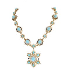 Circa 1970's 18K Yellow Gold Turquoise, Sapphire & Diamond Necklace