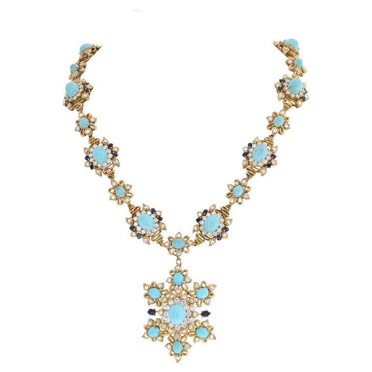 Circa 1970's 18K Yellow Gold Turquoise, Sapphire and Diamond Necklace ...