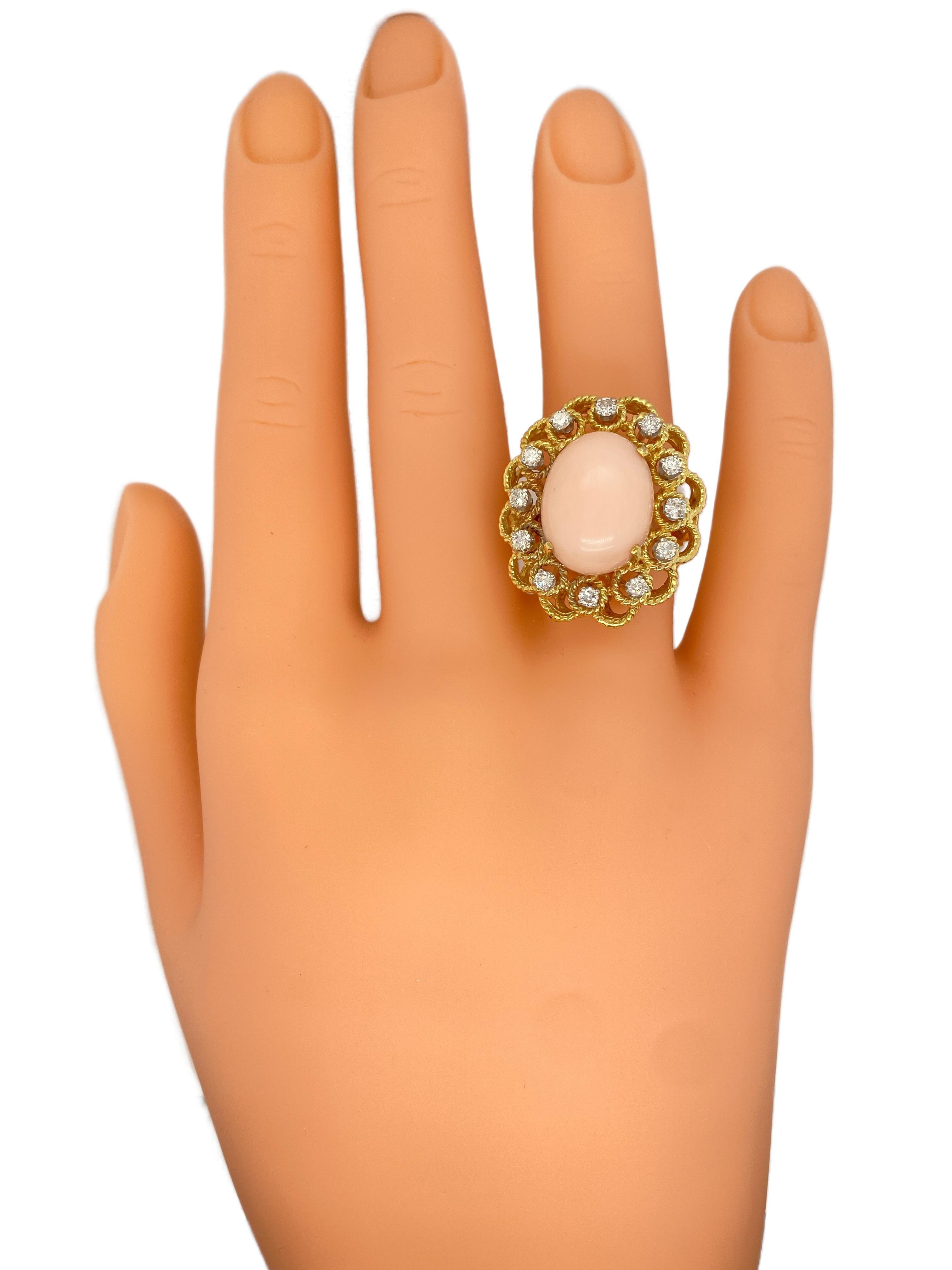 Cabochon Circa 1970s Angel Skin Coral and Diamond Cocktail Ring in 18K Gold For Sale